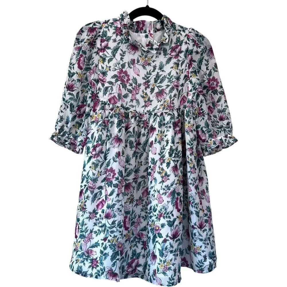 Janie and Jack Floral Puff Sleeve Ruffle Collar Dress Size 6